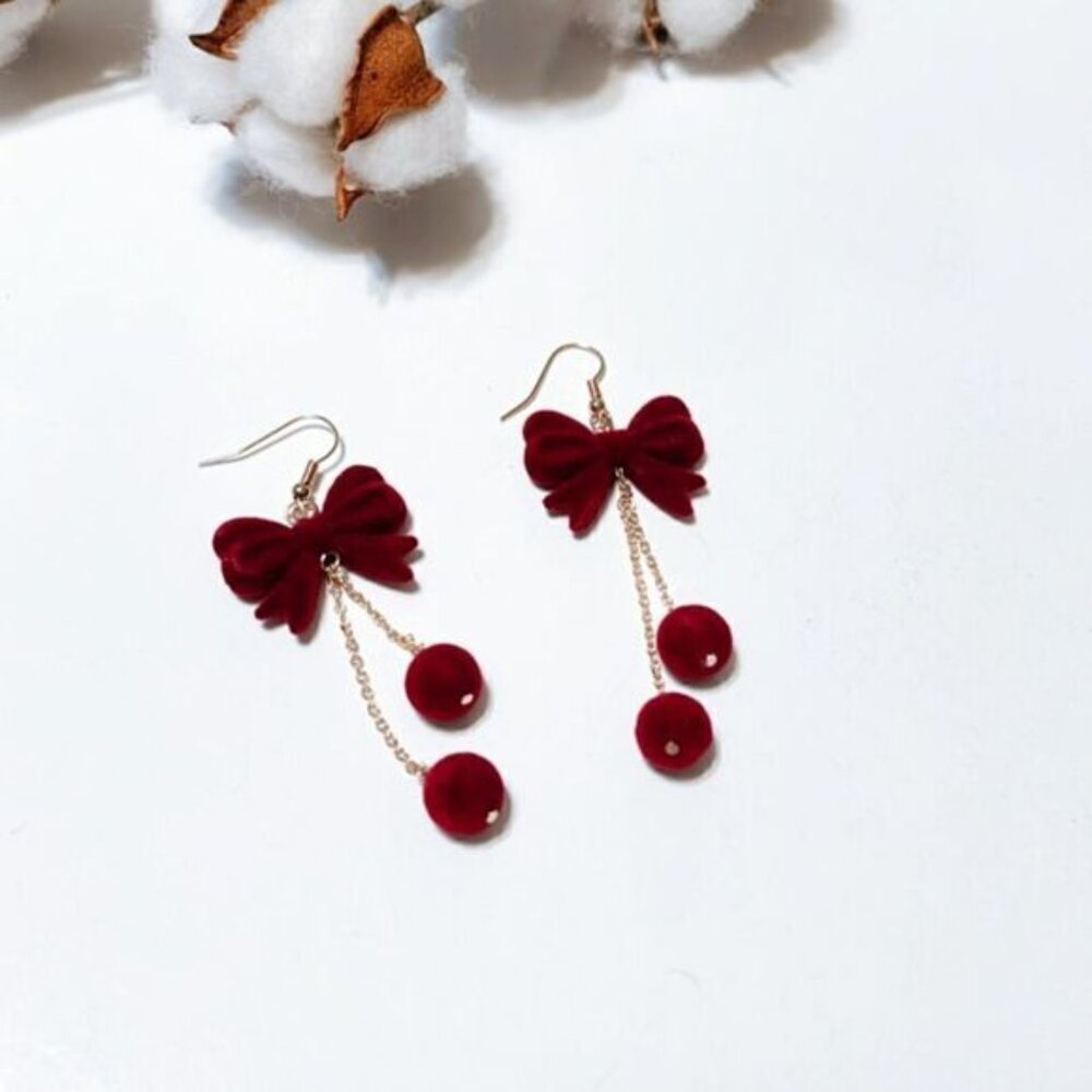 Red velvet bow dangle earrings N223 - Picture 3 of 4